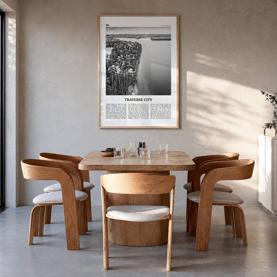 Traverse City black & white newspaper poster of Michigan, USA – vertical wall art in natural wood frame, hanging on wall