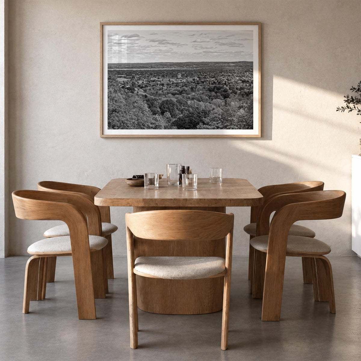 Traverse City black & white photo poster of Michigan, USA – horizontal wall art in natural wood frame with white border, hang
