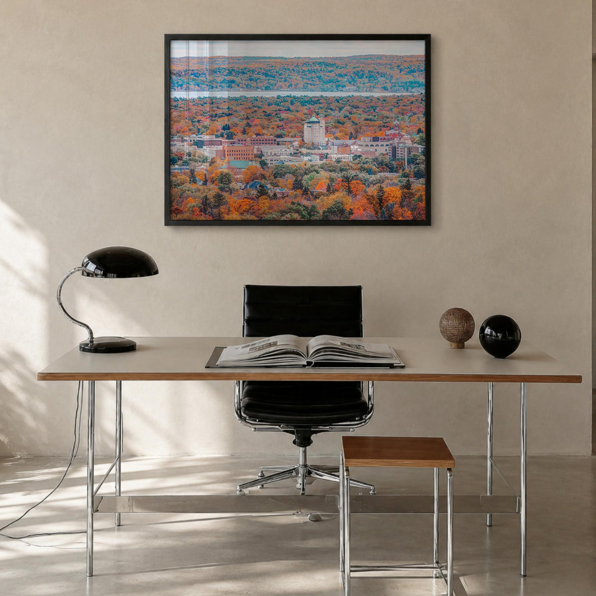 Traverse City colorful photo poster of Michigan, USA – horizontal wall art in black wood frame, hanging on wall