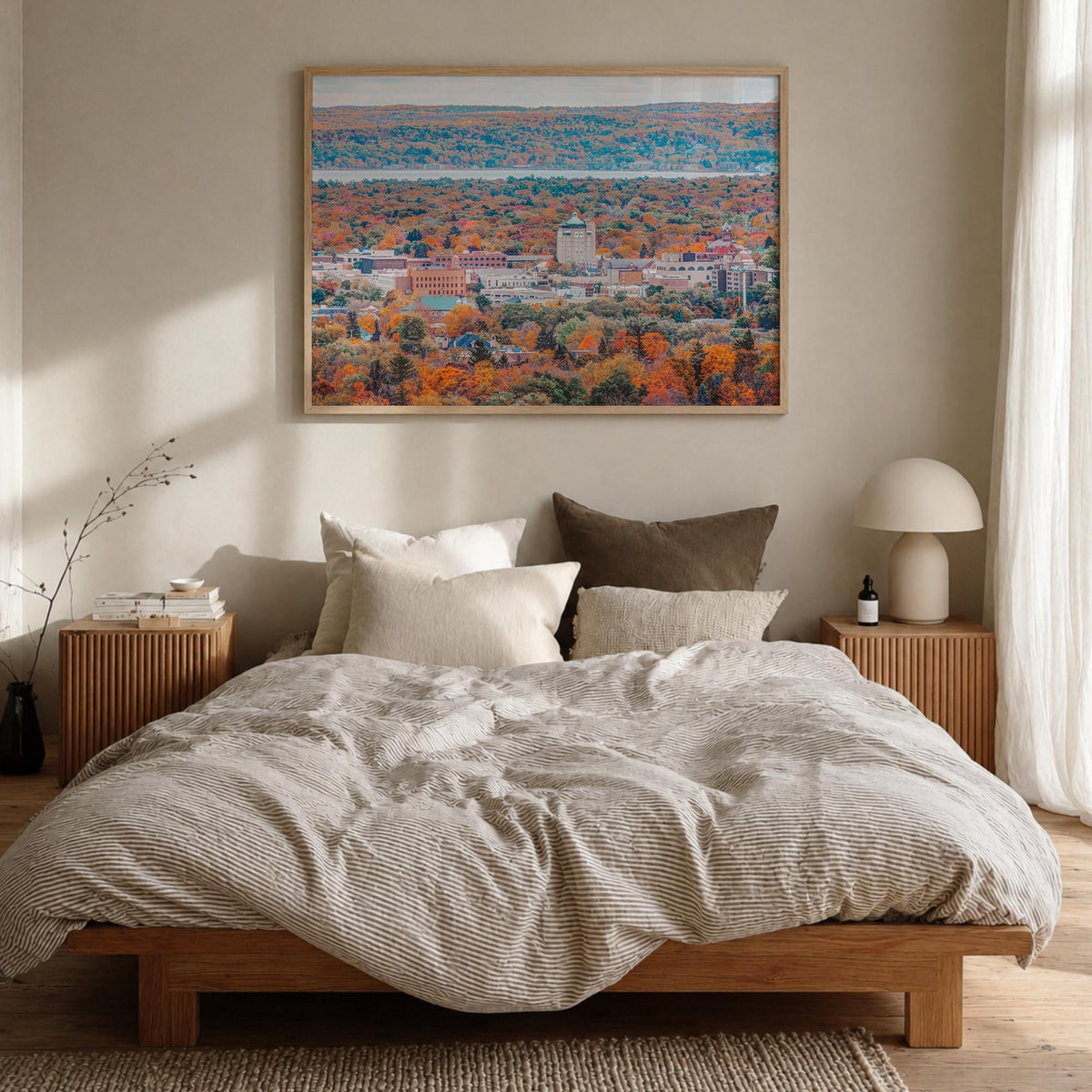 Traverse City colorful photo poster of Michigan, USA – horizontal wall art in natural wood frame, hanging on wall