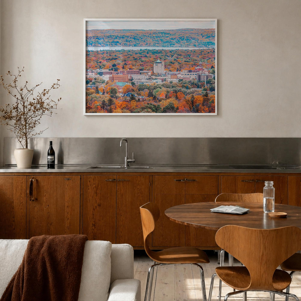 Traverse City colorful photo poster of Michigan, USA – horizontal wall art in white wood frame, hanging on wall