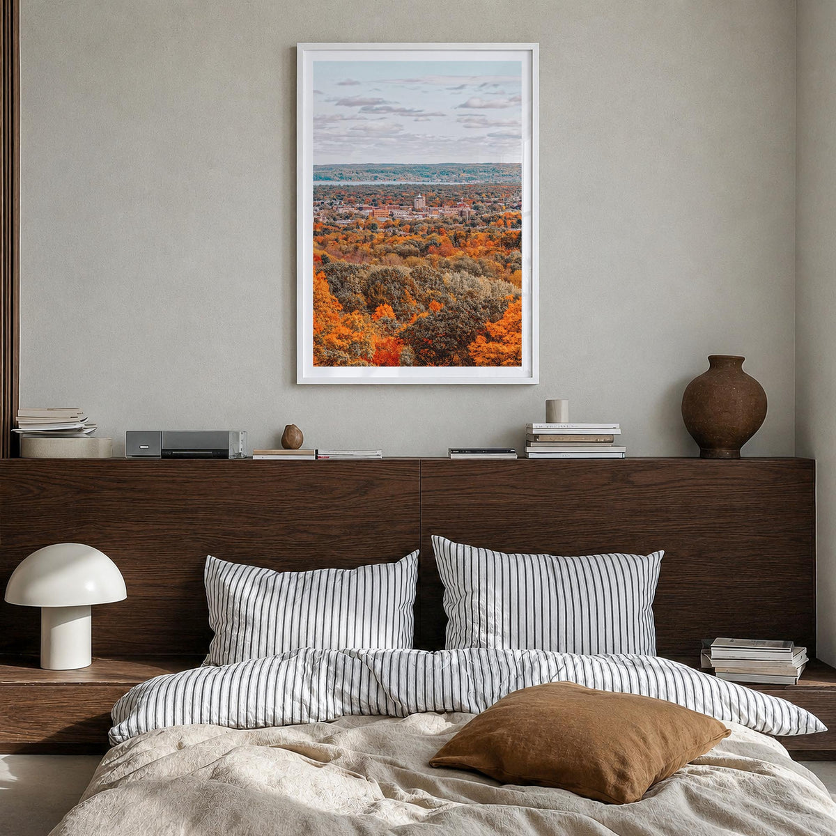 Traverse City no. 1 colorful photo poster of Michigan, USA – vertical wall art in white wood frame with white border, hanging