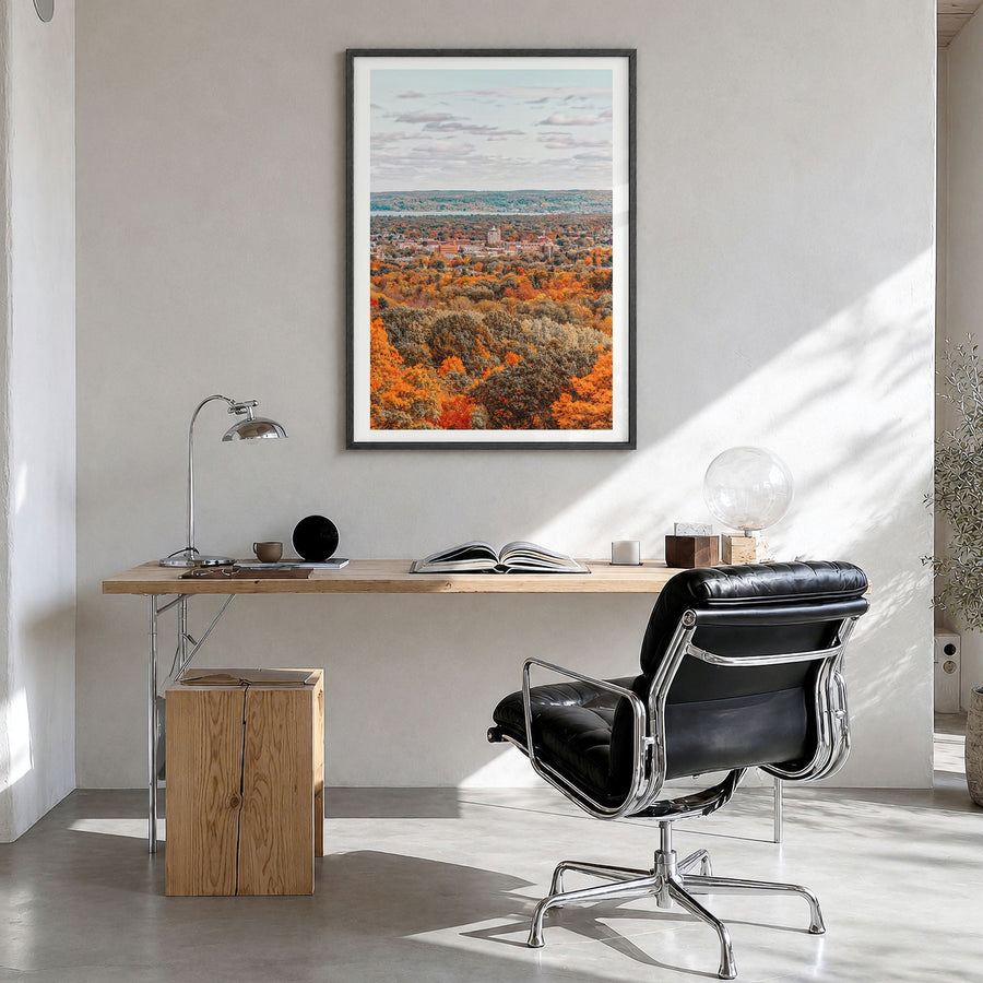 Traverse City Photo No 1 Poster in a black wood frame, hanging in a bright home office, white border