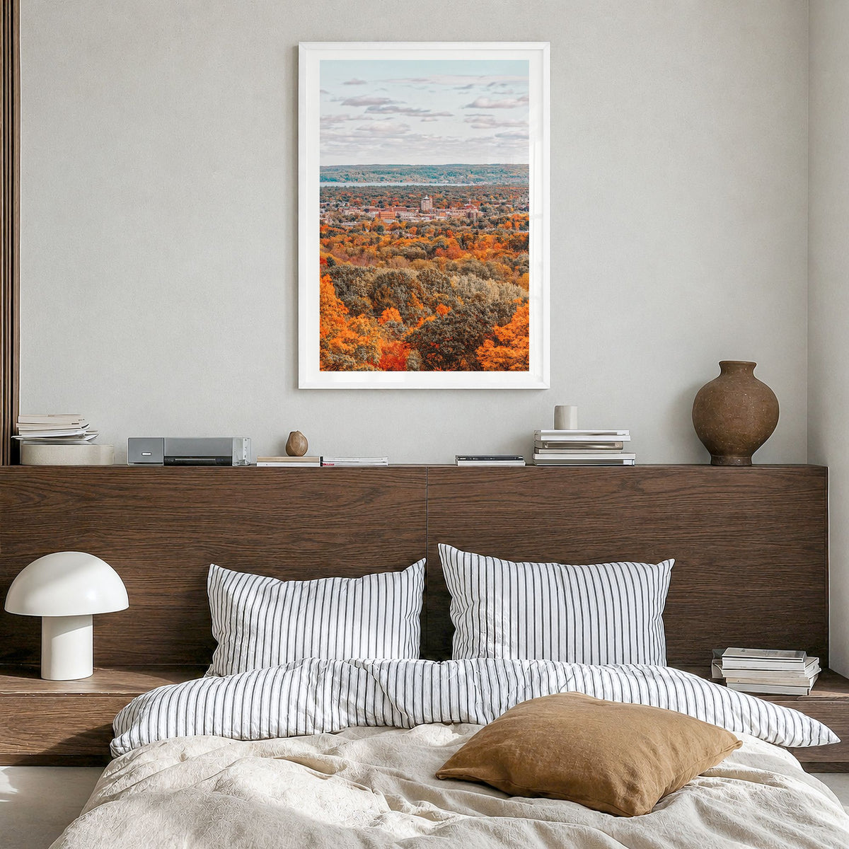 Traverse City Photo No 1 Poster in a white wood frame, hanging in a bedroom, white border