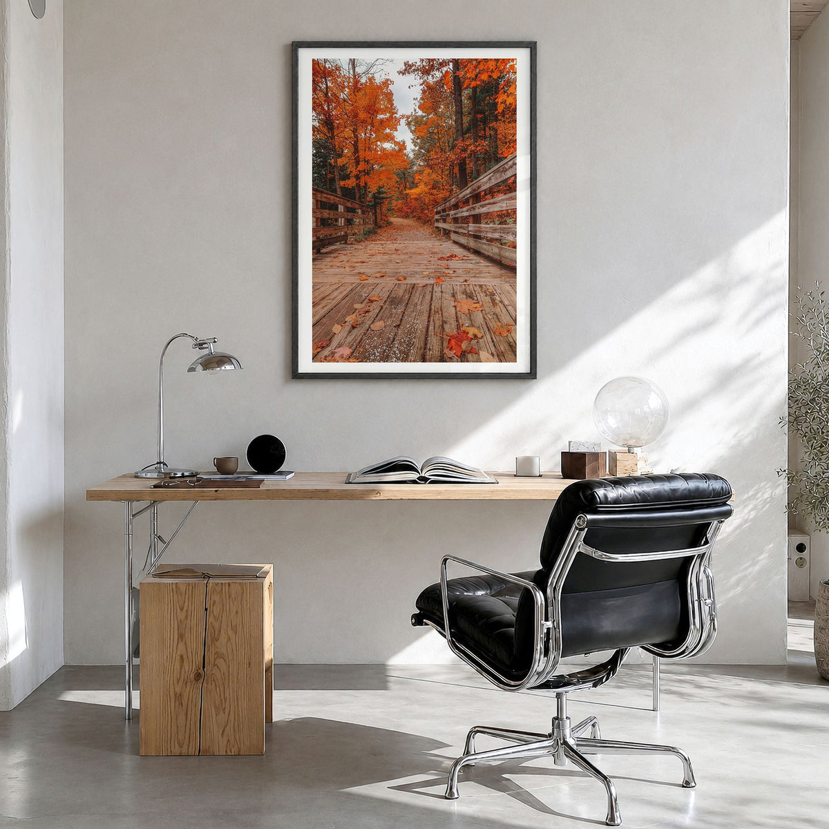 Traverse City Photo No 2 Poster in a black wood frame, hanging in a bright home office, white border