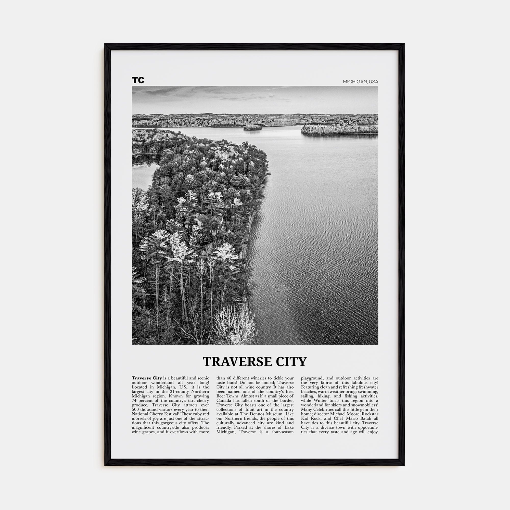 Traverse City Poster Black Wood / 8x12 in Nbourhood Travel B&W Poster