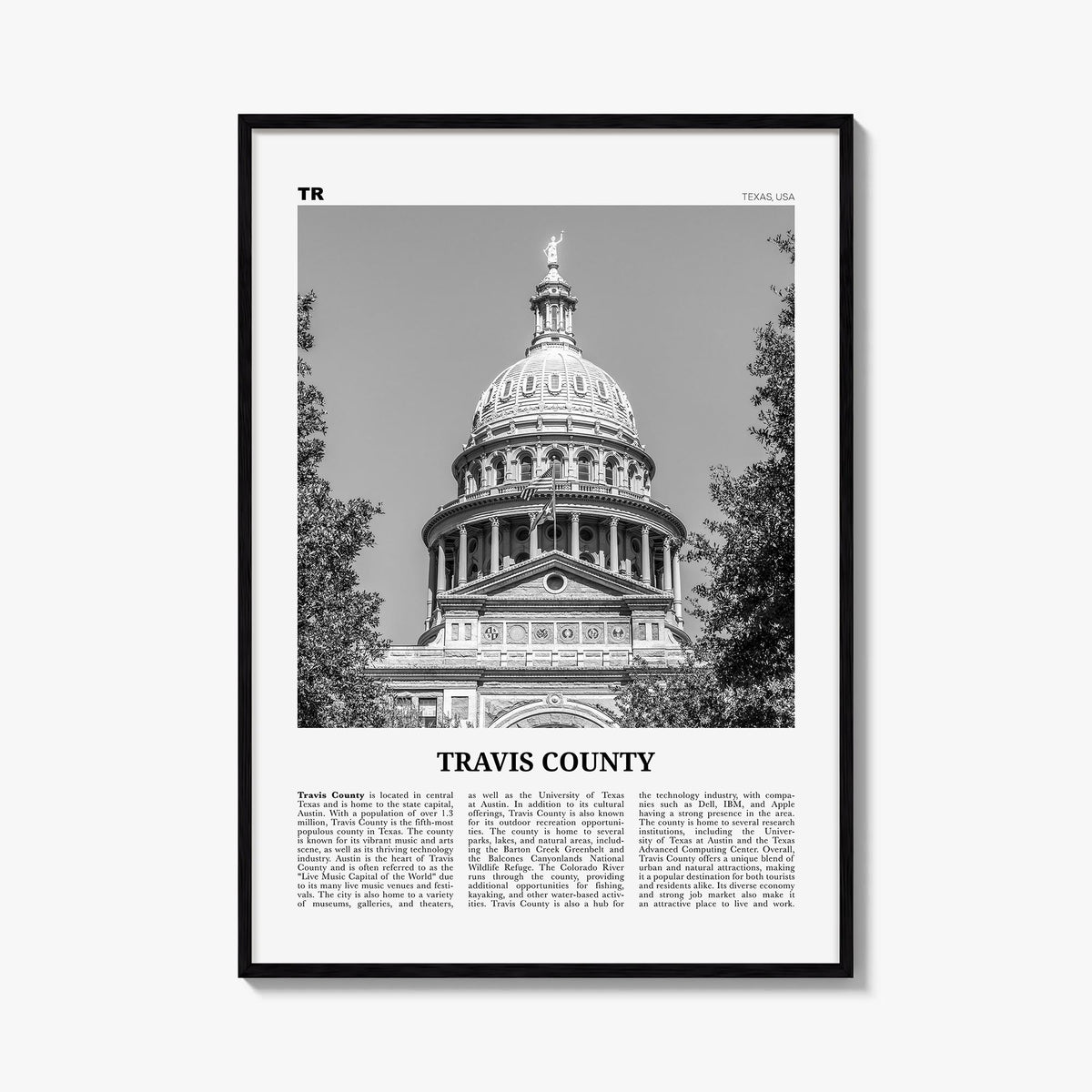 Travis County black & white newspaper poster of Texas, USA – vertical wall art, unframed print shown in interior mockup