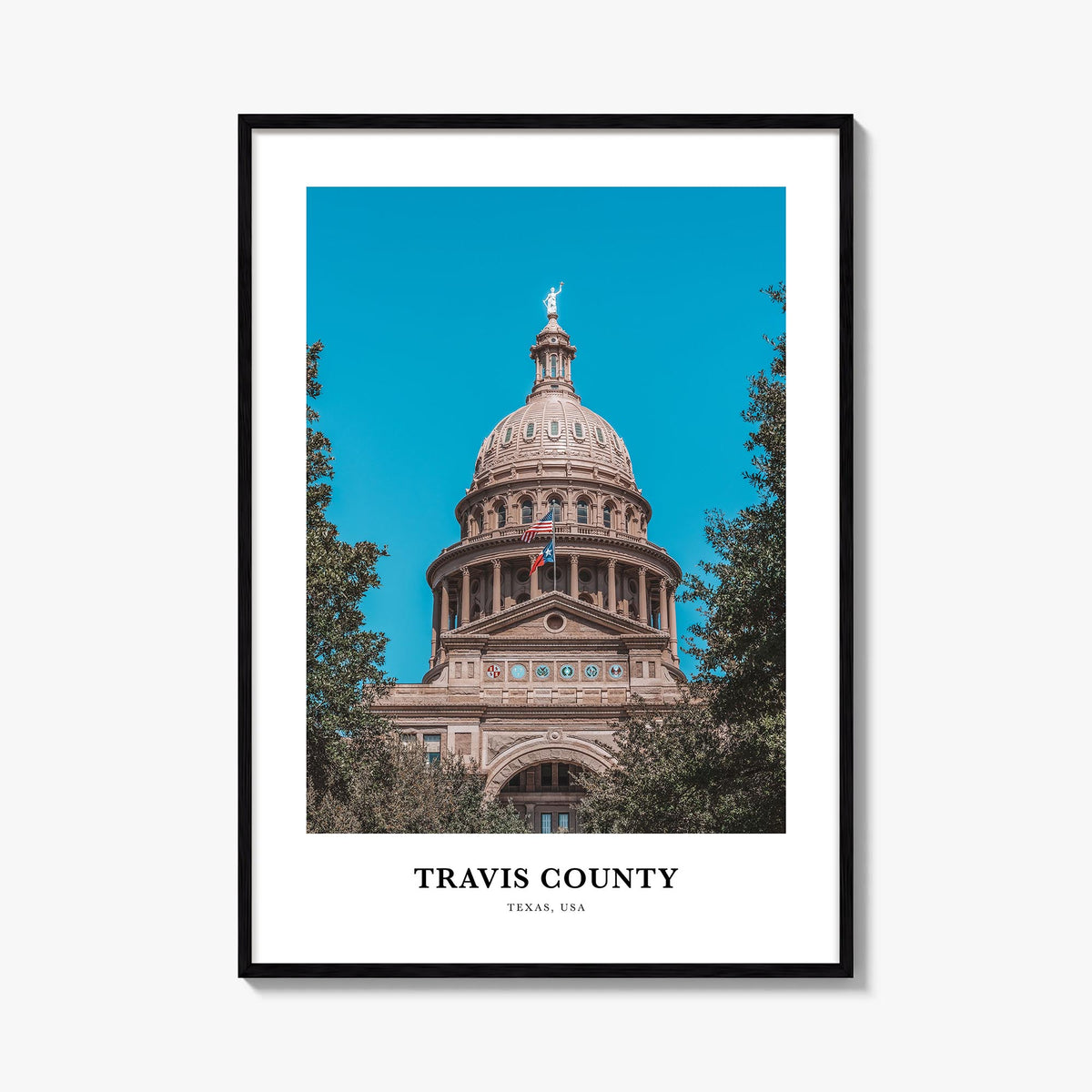 Travis County colorful classic poster of Texas, USA – vertical wall art, unframed print shown in interior mockup