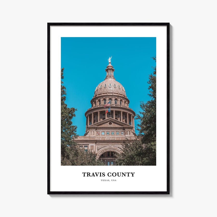 Travis County colorful classic poster of Texas, USA – vertical wall art, unframed print shown in interior mockup