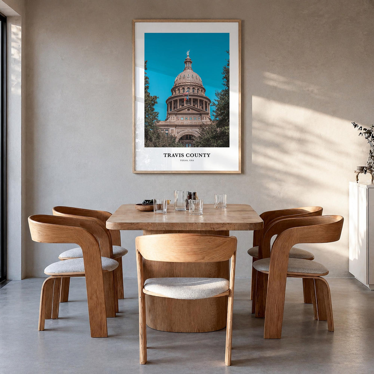 Travis County colorful classic poster of Texas, USA – vertical wall art in natural wood frame, hanging on wall