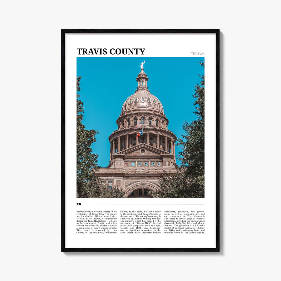 Travis County colorful travel poster of Texas, USA – vertical wall art, unframed print shown in interior mockup