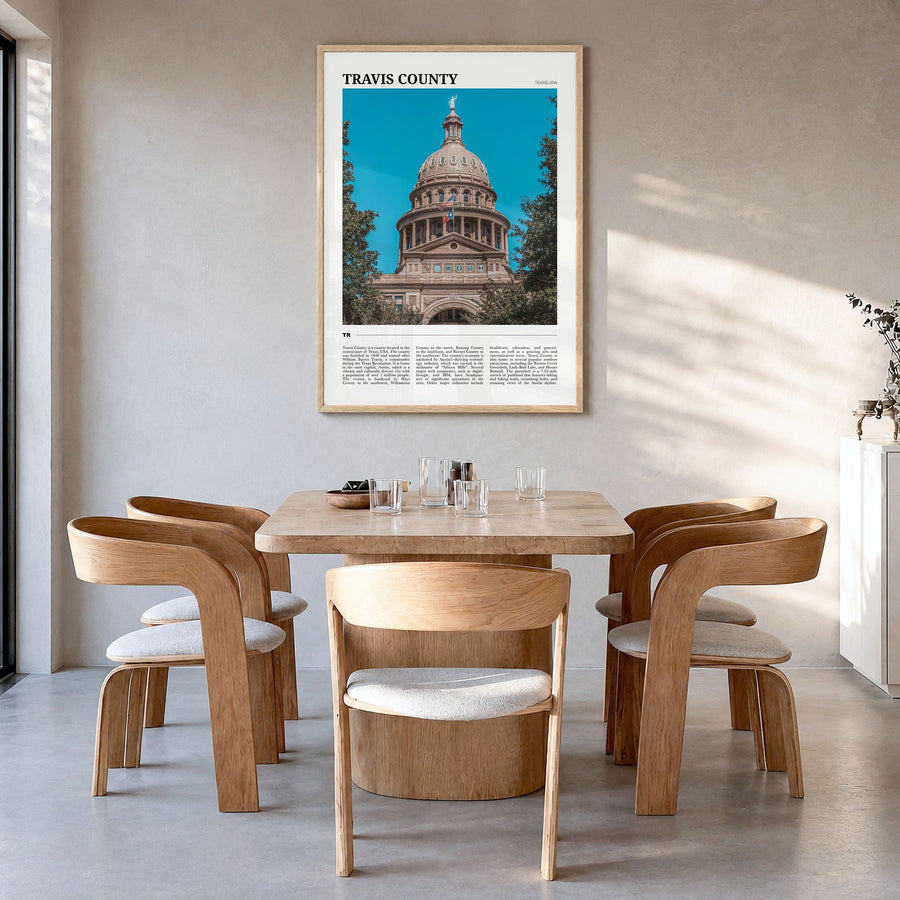 Travis County Travel Poster in a natural wood frame, hanging in a dining room