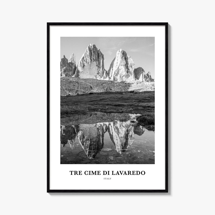 Tre Cime di Lavaredo black & white classic poster of Italy – vertical wall art, unframed print shown in interior mockup