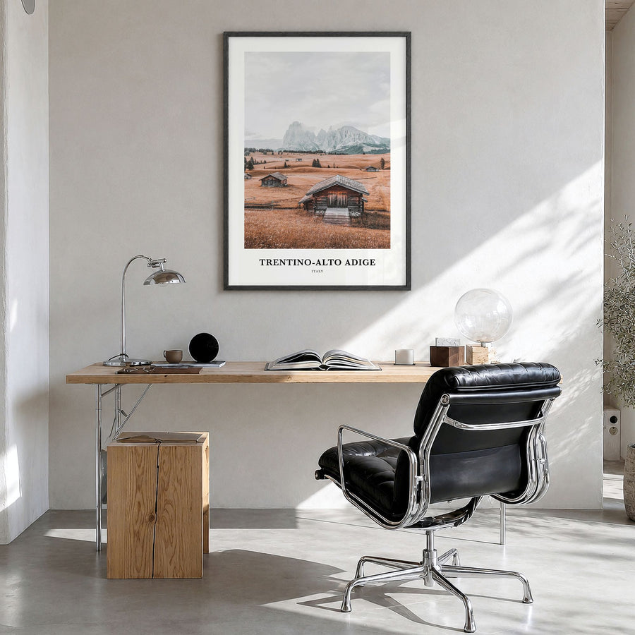 Trentino-Alto Adige Classic Poster in a black wood frame, hanging in a bright home office