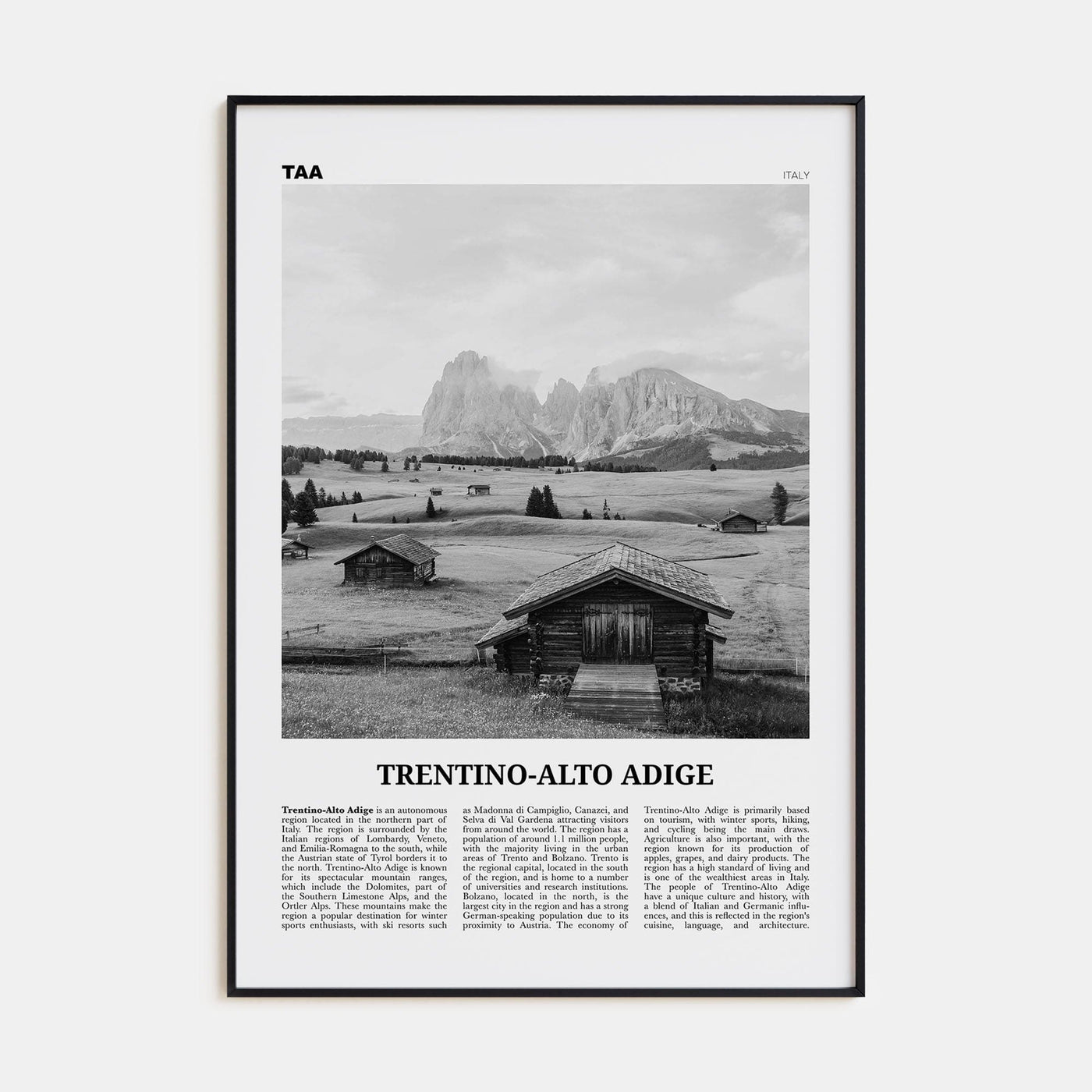 Trentino-Alto Adige Poster Black Metal / 8x12 in Nbourhood Travel B&W Poster