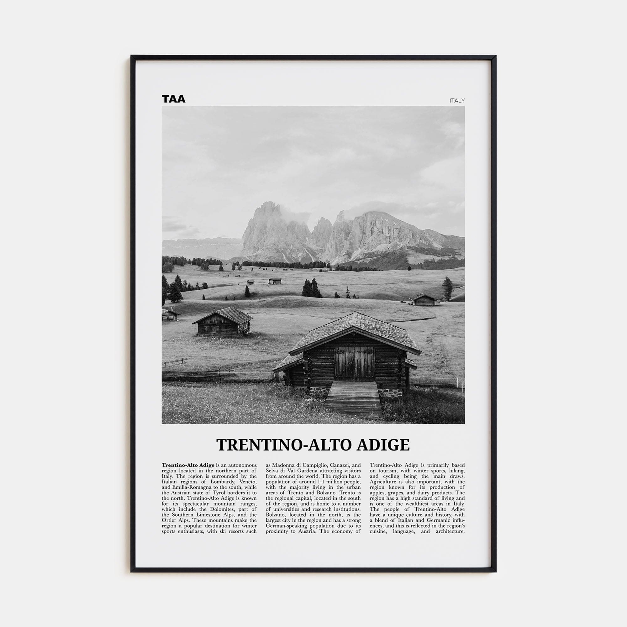 Trentino-Alto Adige Poster Black Metal / 8x12 in Nbourhood Travel B&W Poster