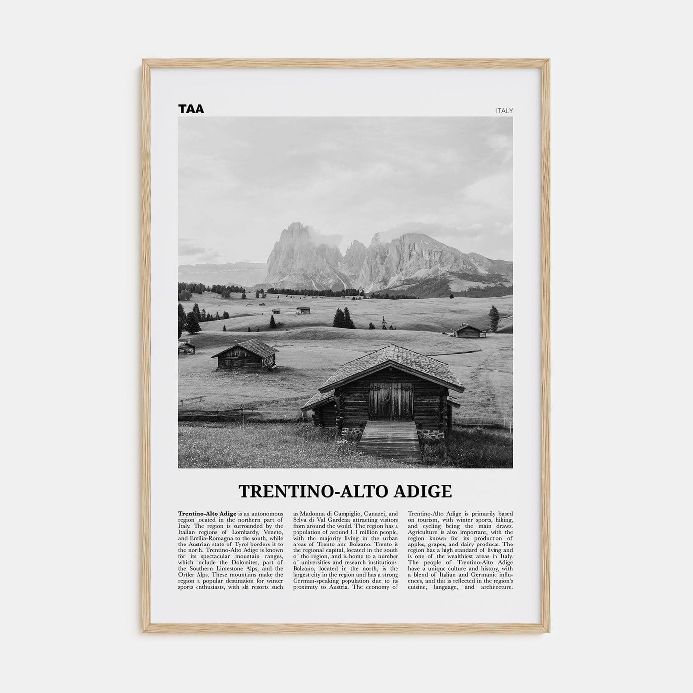Trentino-Alto Adige Poster Natural Wood / 8x12 in Nbourhood Travel B&W Poster