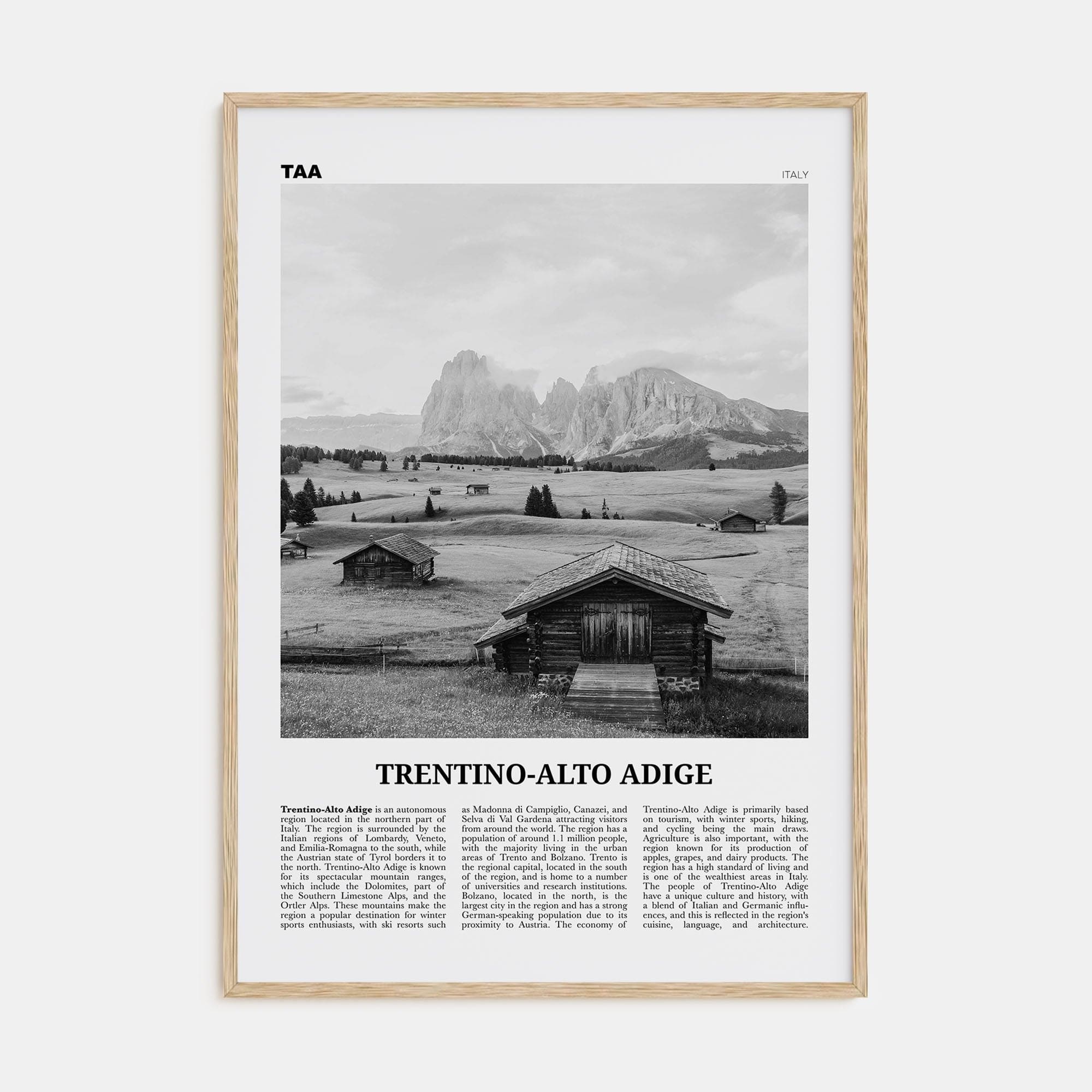 Trentino-Alto Adige Poster Natural Wood / 8x12 in Nbourhood Travel B&W Poster