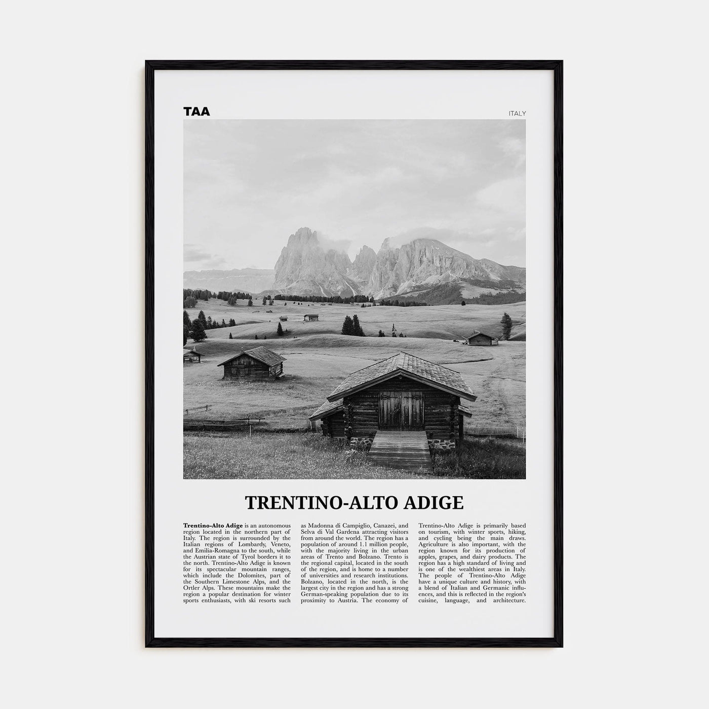 Trentino-Alto Adige Poster Black Wood / 8x12 in Nbourhood Travel B&W Poster