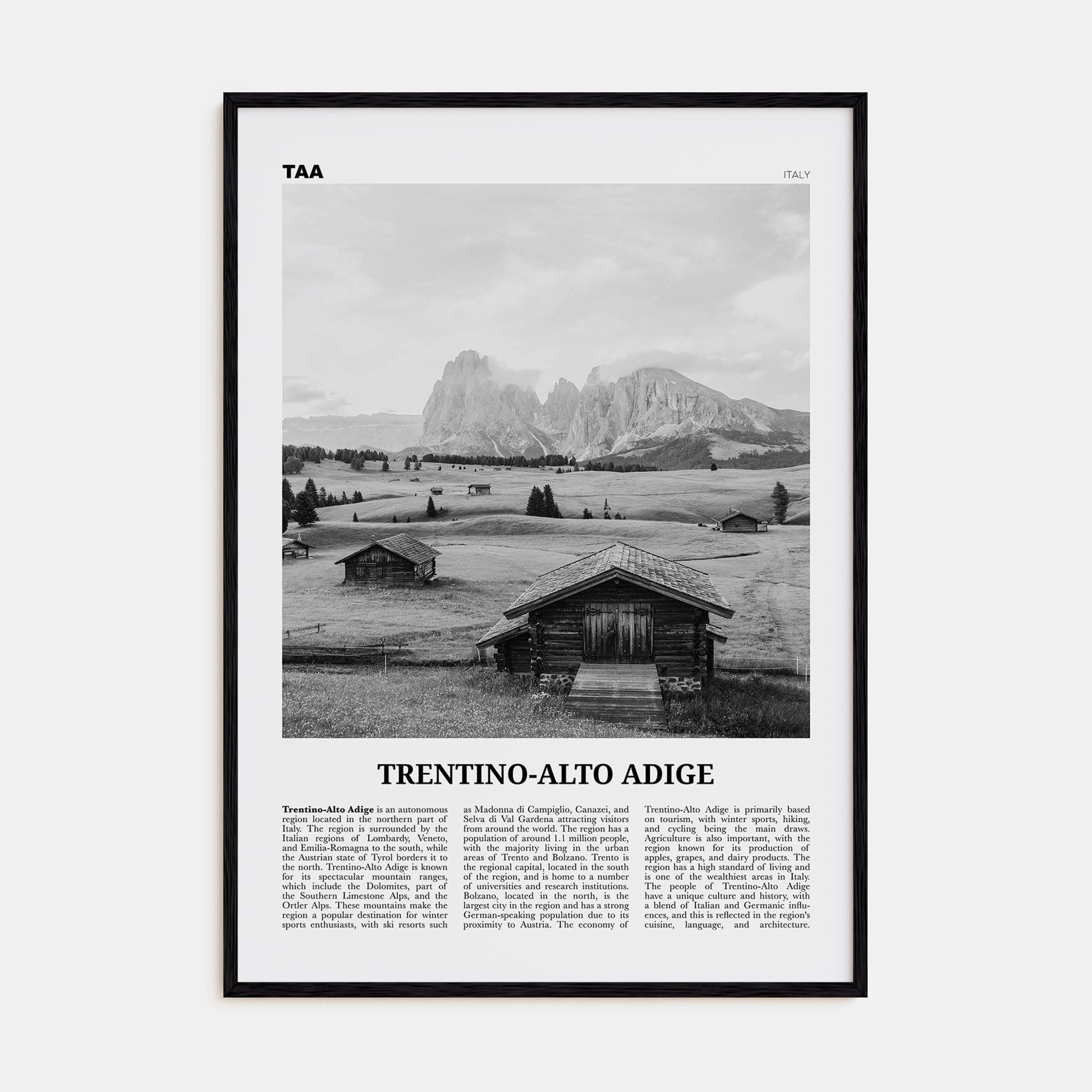 Trentino-Alto Adige Poster Black Wood / 8x12 in Nbourhood Travel B&W Poster
