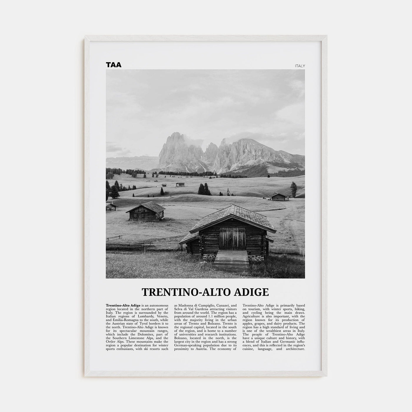 Trentino-Alto Adige Poster White Wood / 8x12 in Nbourhood Travel B&W Poster