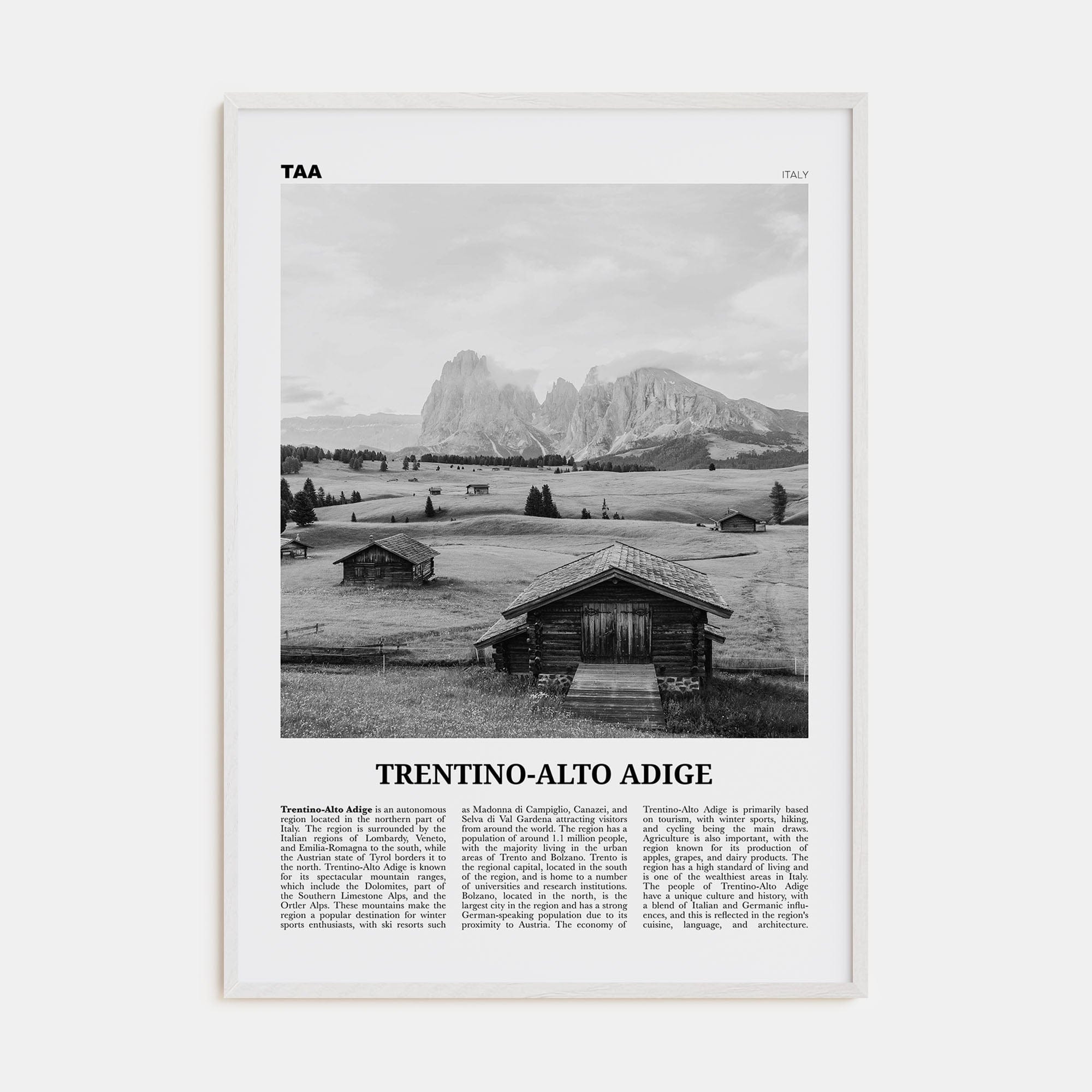 Trentino-Alto Adige Poster White Wood / 8x12 in Nbourhood Travel B&W Poster