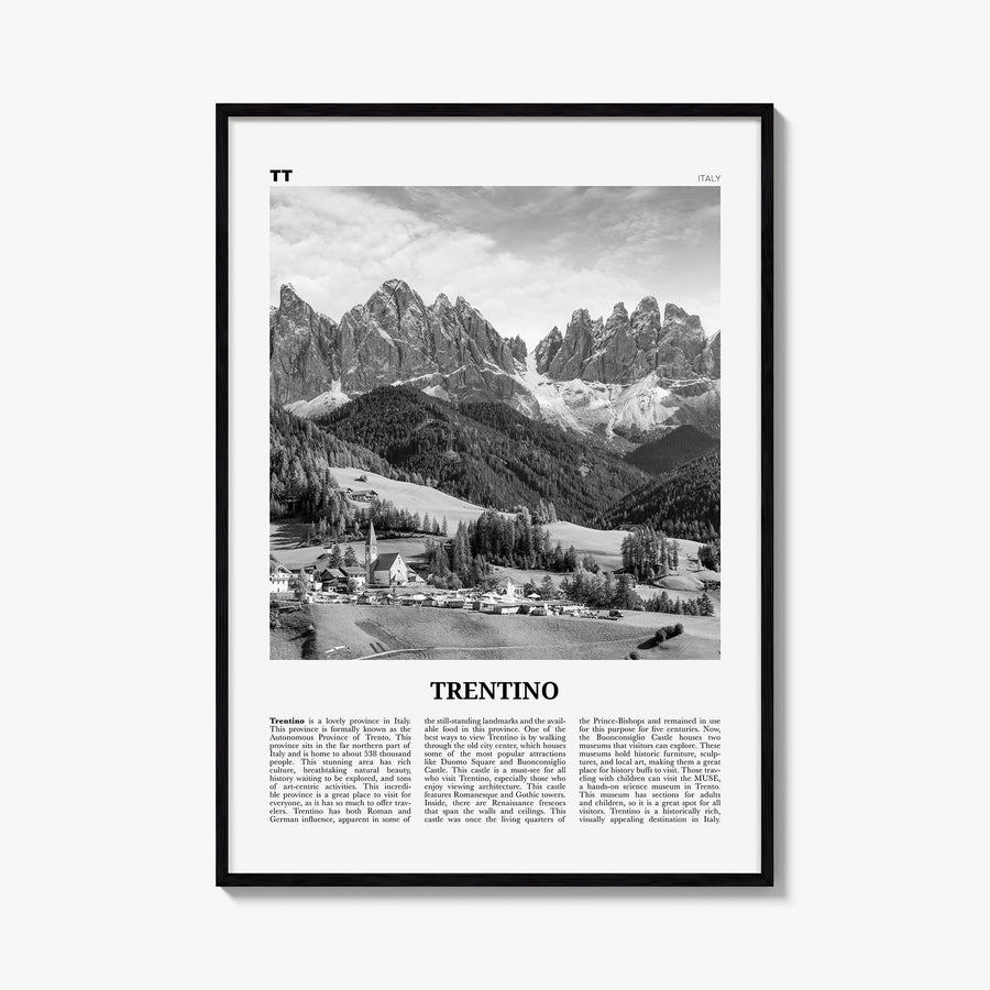 Trentino black & white newspaper poster of Italy – vertical wall art, unframed print shown in interior mockup