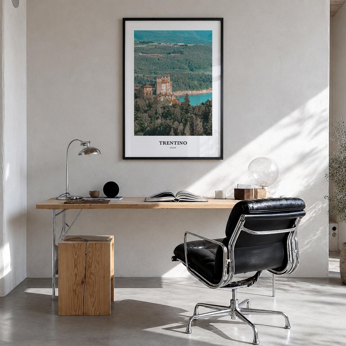 Trentino no. 1 colorful classic poster of Italy – vertical wall art in black wood frame, hanging on wall