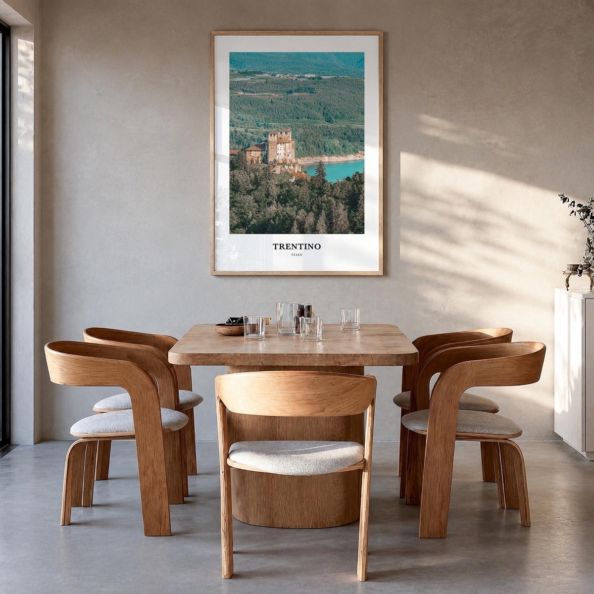 Trentino no. 1 colorful classic poster of Italy – vertical wall art in natural wood frame, hanging on wall