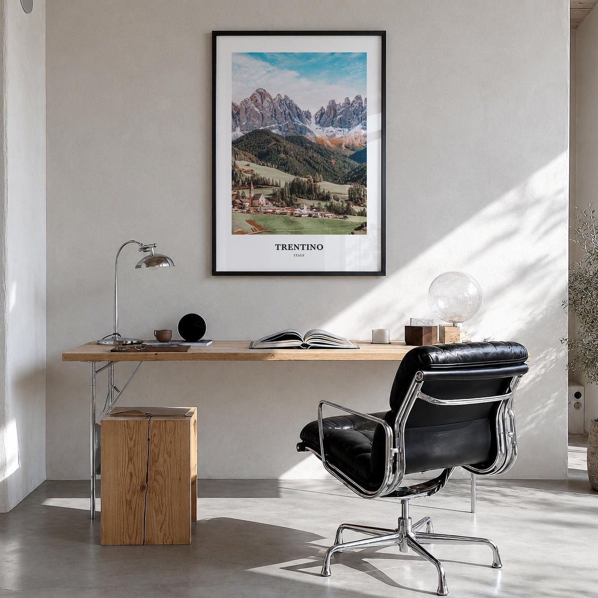 Trentino no. 2 colorful classic poster of Italy – vertical wall art in black wood frame, hanging on wall