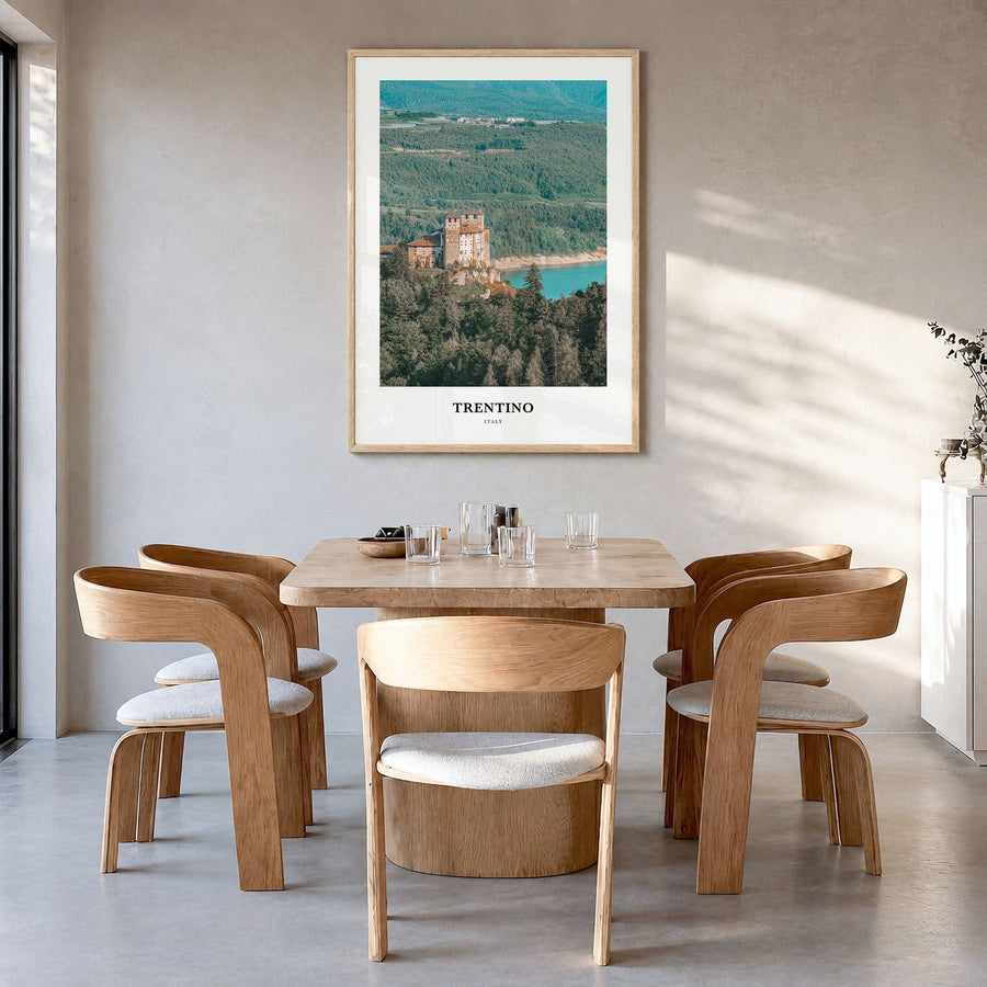 Trentino Classic No 1 Poster in a natural wood frame, hanging in a dining room