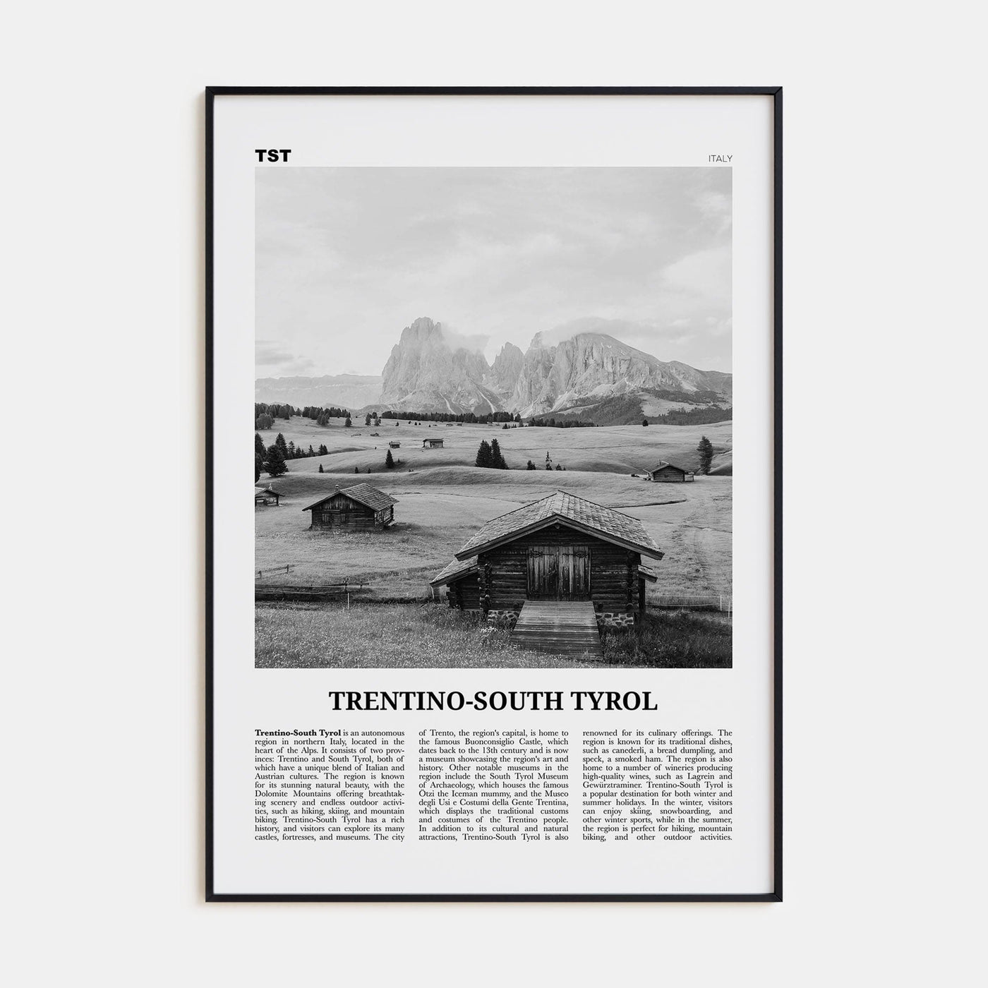 Trentino-South Tyrol Poster Black Metal / 8x12 in Nbourhood Travel B&W Poster