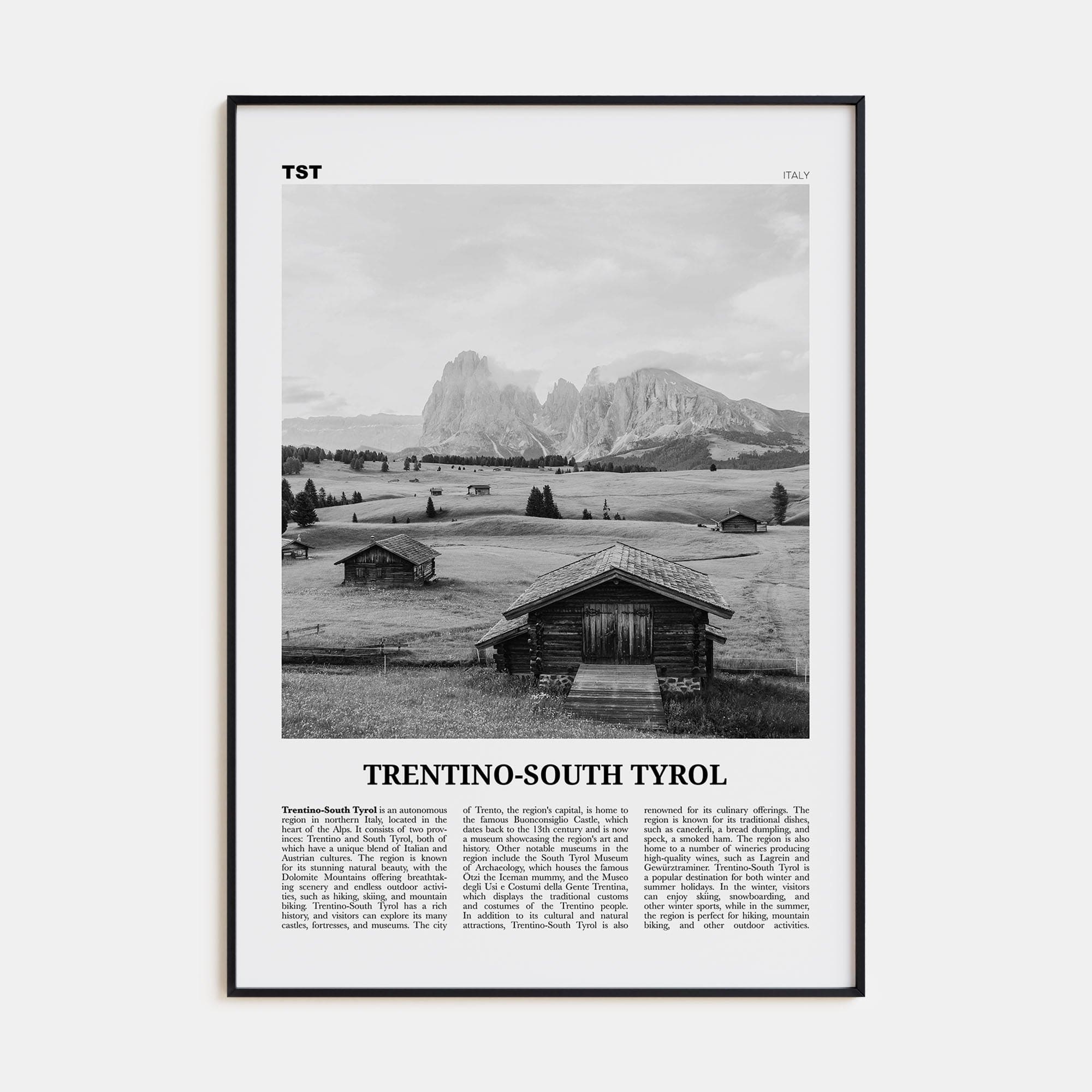 Trentino-South Tyrol Poster Black Metal / 8x12 in Nbourhood Travel B&W Poster