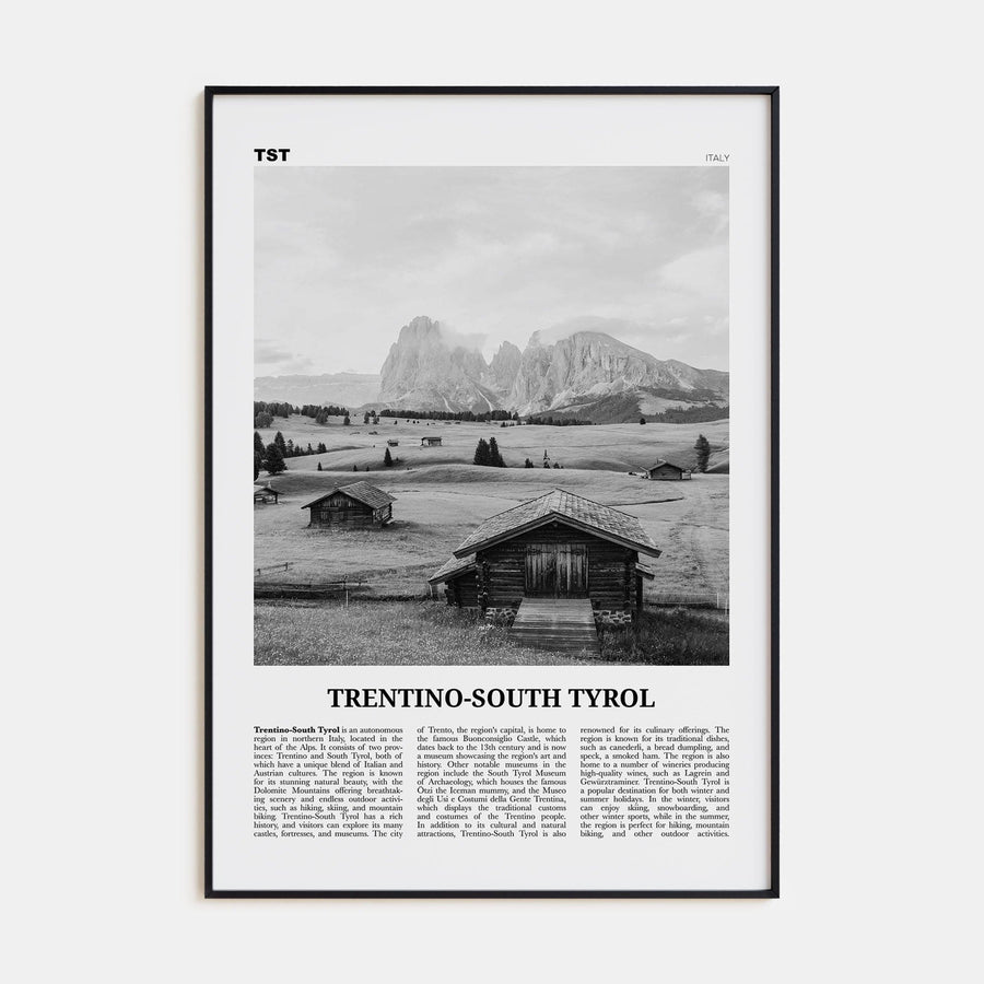 Trentino-South Tyrol Poster Black Metal / 8x12 in Nbourhood Travel B&W Poster