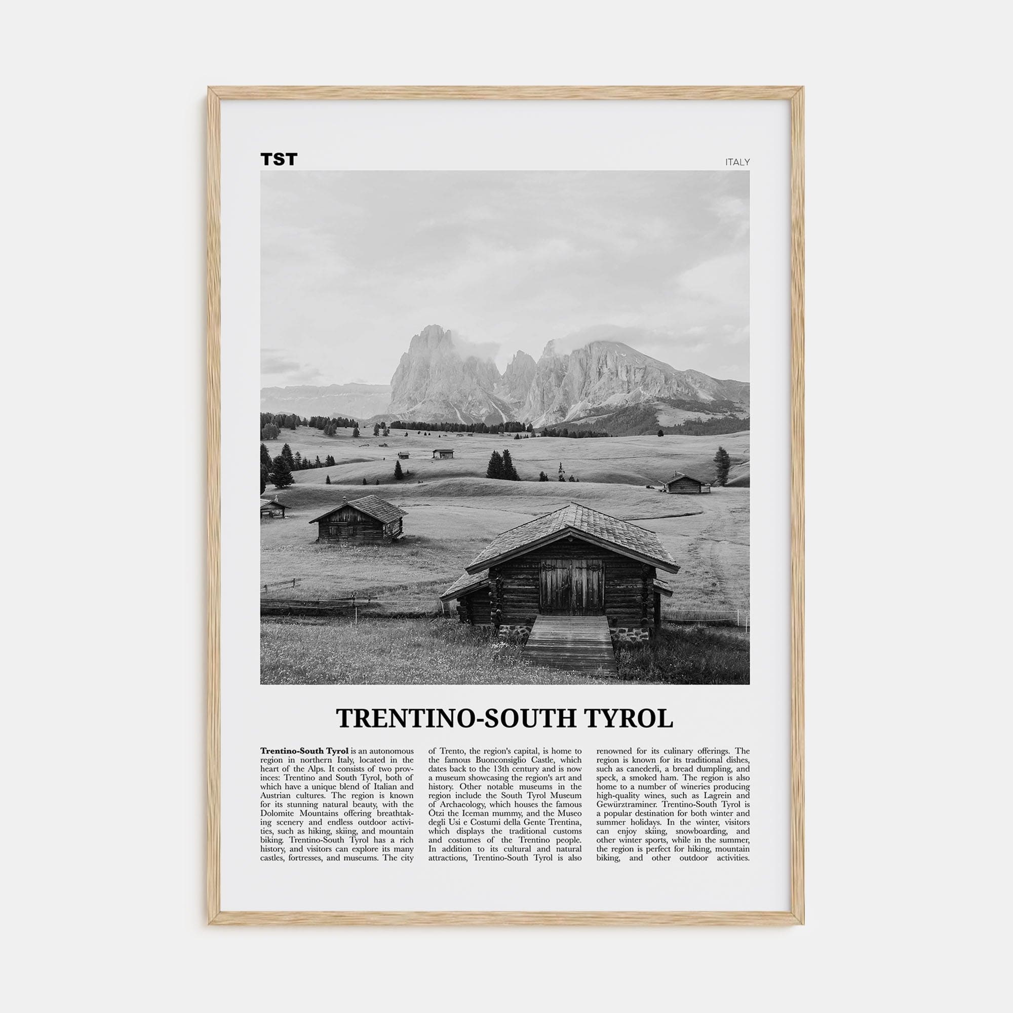 Trentino-South Tyrol Poster Natural Wood / 8x12 in Nbourhood Travel B&W Poster
