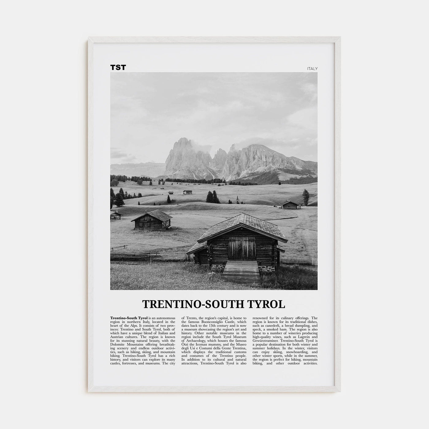 Trentino-South Tyrol Poster White Wood / 8x12 in Nbourhood Travel B&W Poster