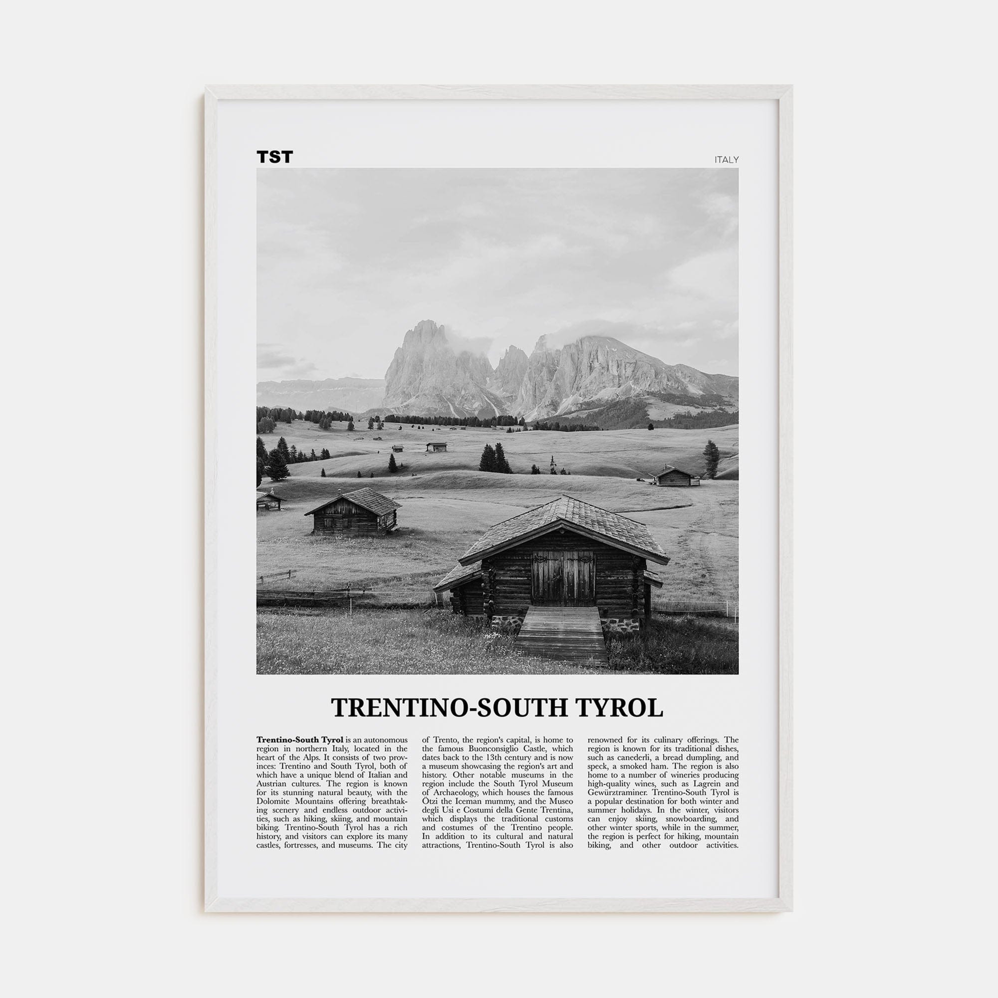 Trentino-South Tyrol Poster White Wood / 8x12 in Nbourhood Travel B&W Poster