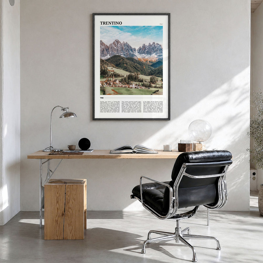 Trentino Travel No 2 Poster in a black wood frame, hanging in a bright home office