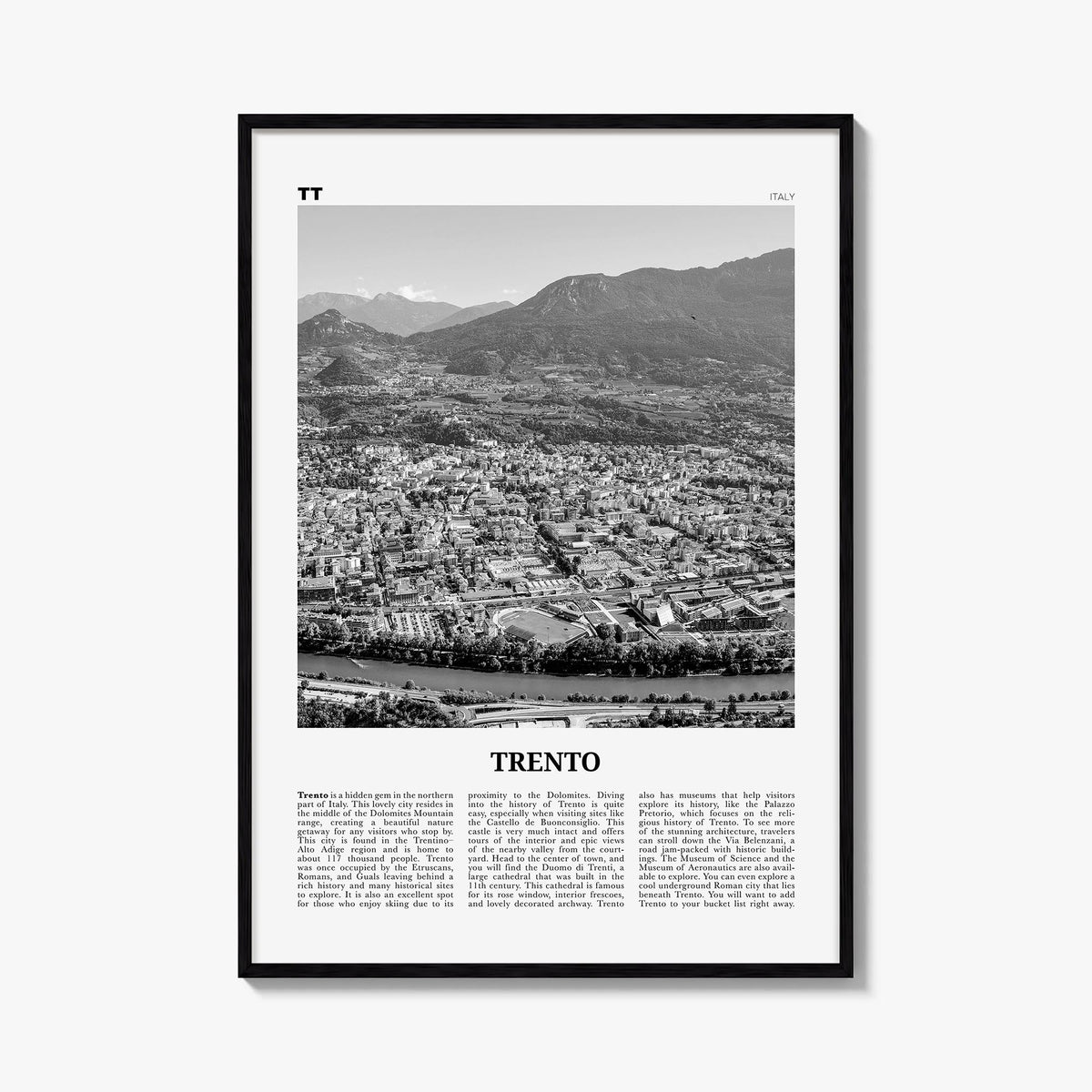 Trento black & white newspaper poster of Italy – vertical wall art, unframed print shown in interior mockup