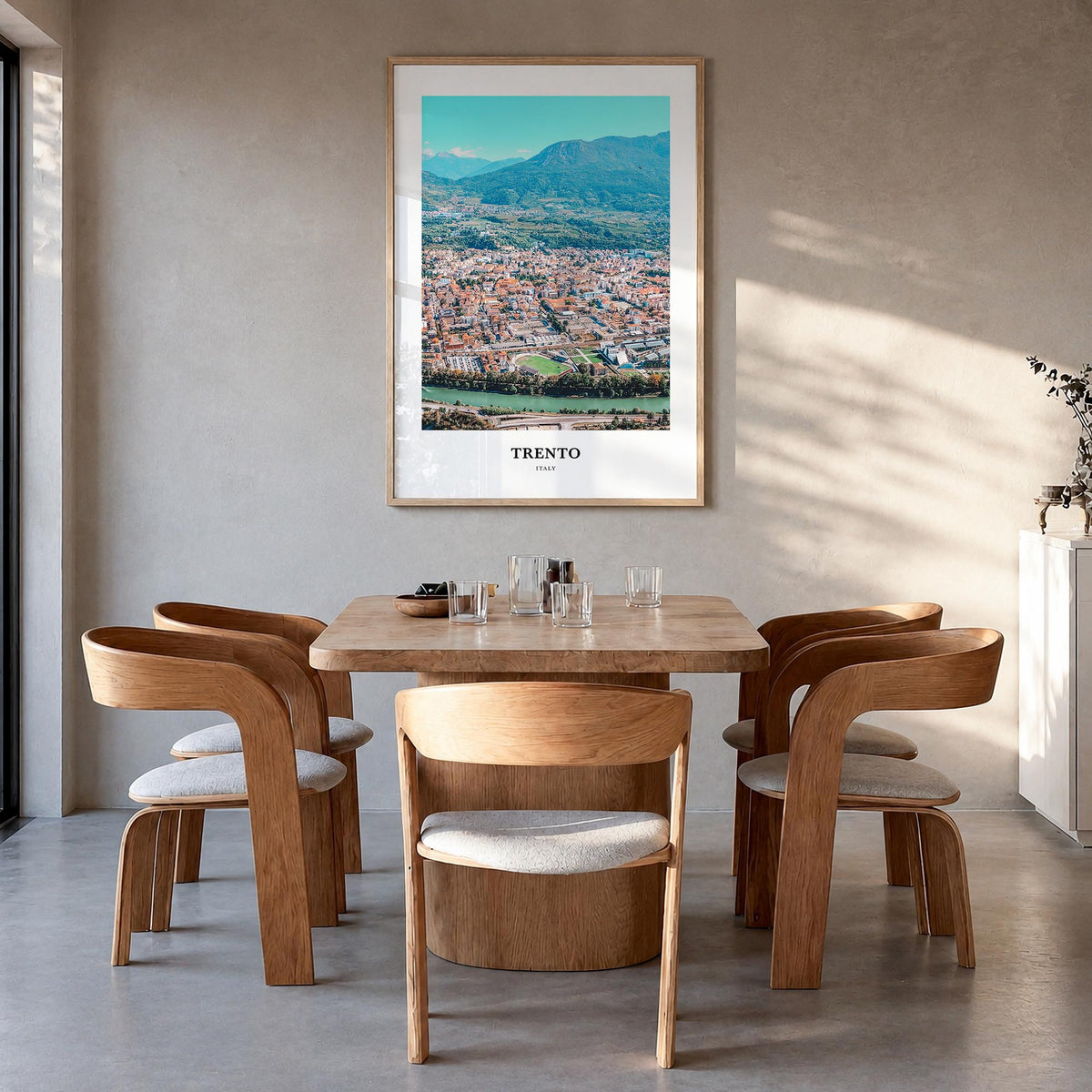 Trento colorful classic poster of Italy – vertical wall art in natural wood frame, hanging on wall