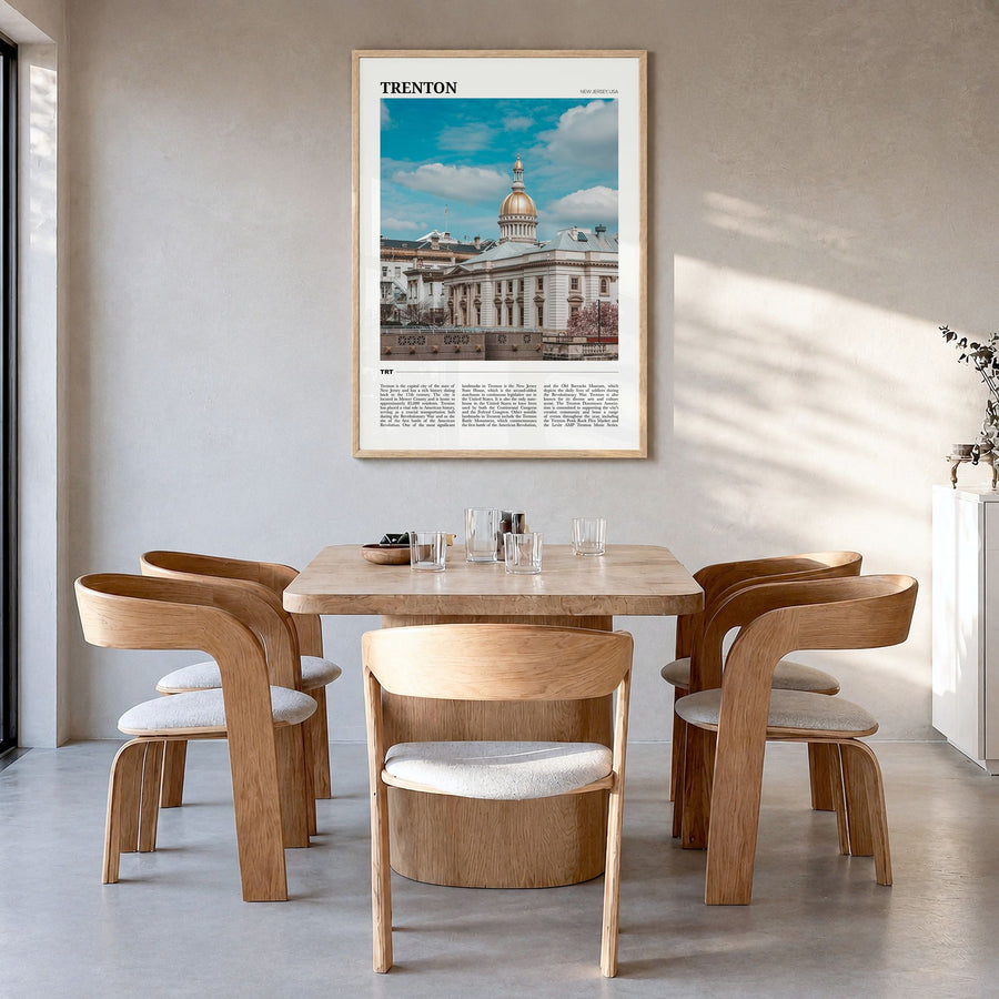 Trenton Travel Poster in a natural wood frame, hanging in a dining room
