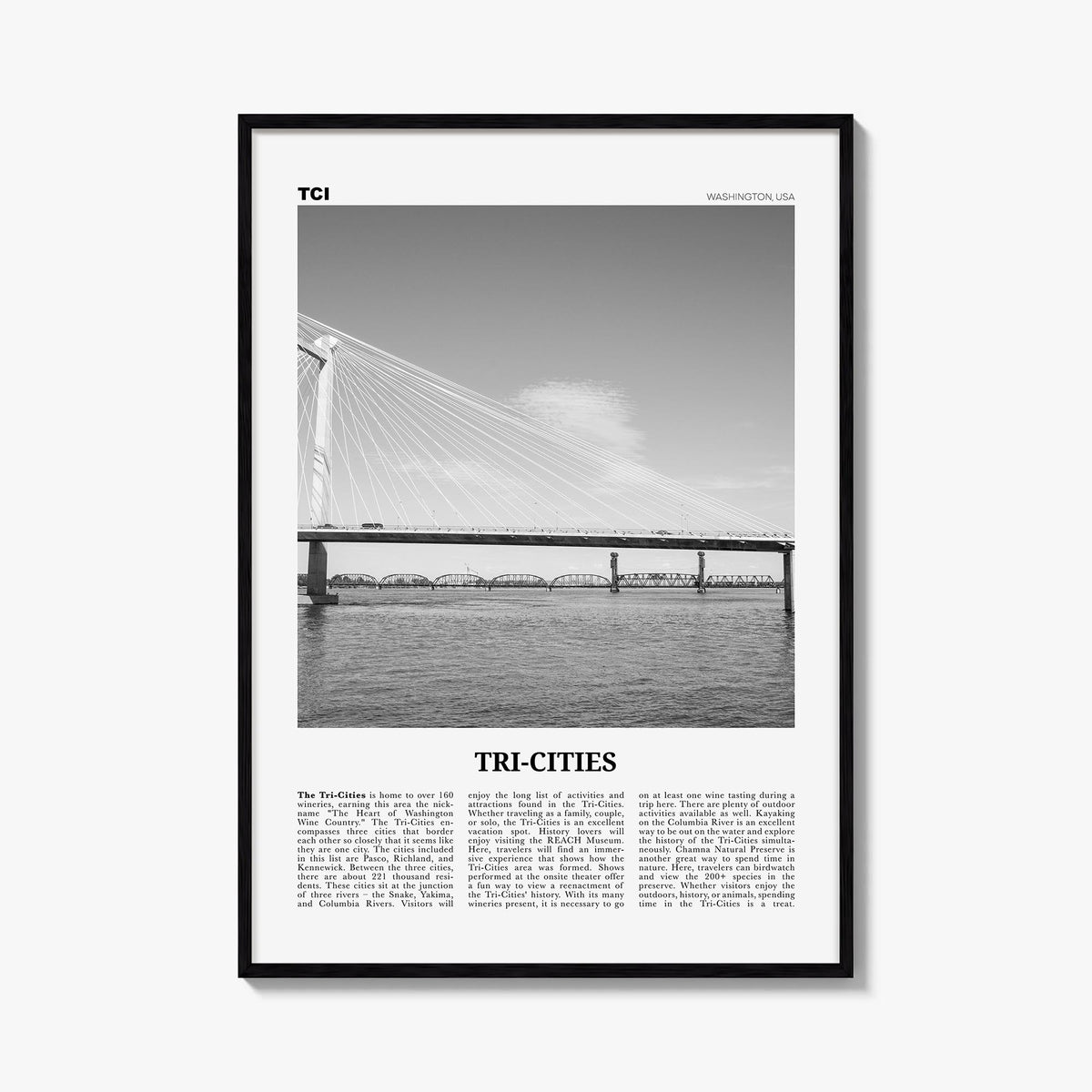 Tri-Cities black & white newspaper poster of Washington, USA – vertical wall art, unframed print shown in interior mockup