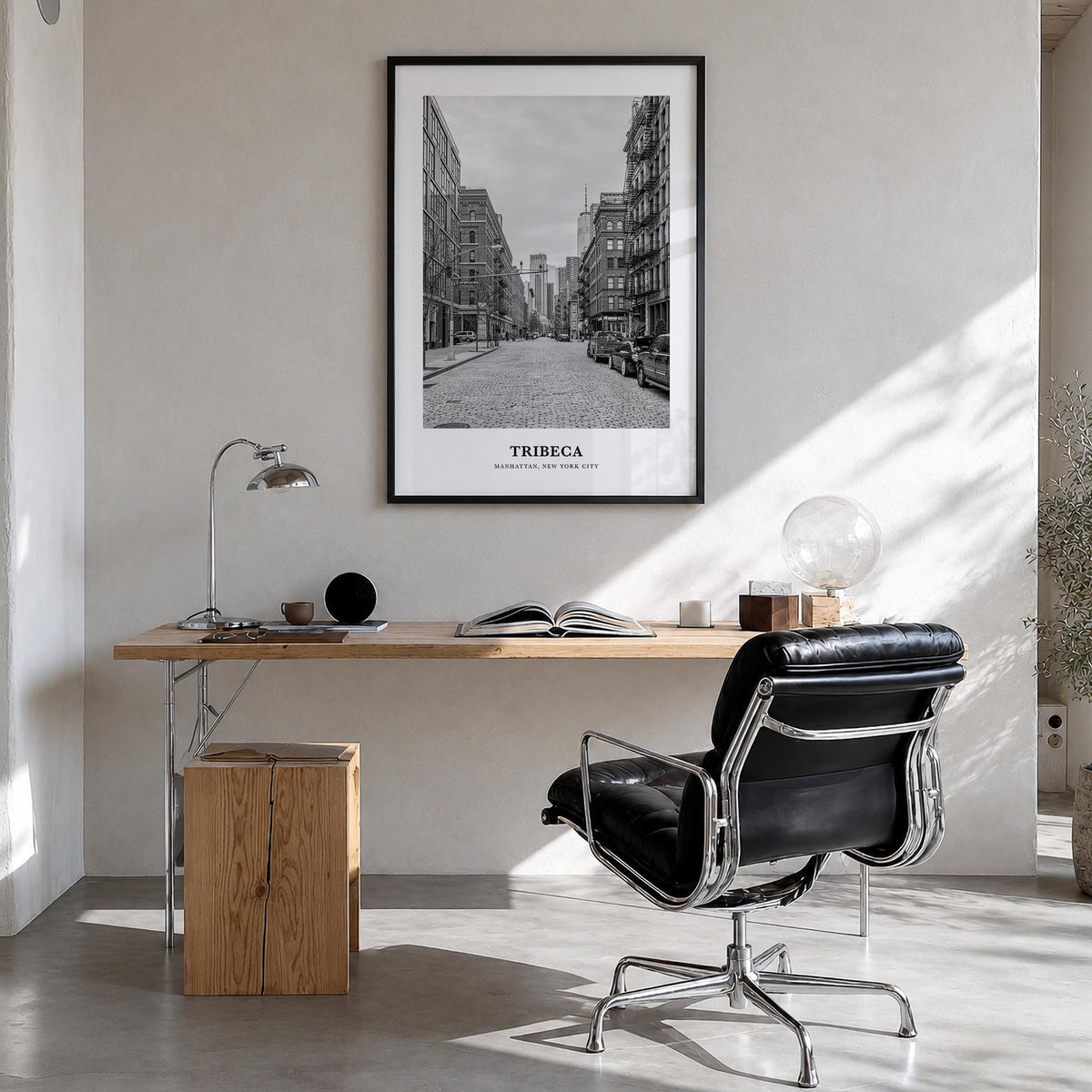 Tribeca black & white classic poster of Manhattan, New York City – vertical wall art in black wood frame, hanging on wall