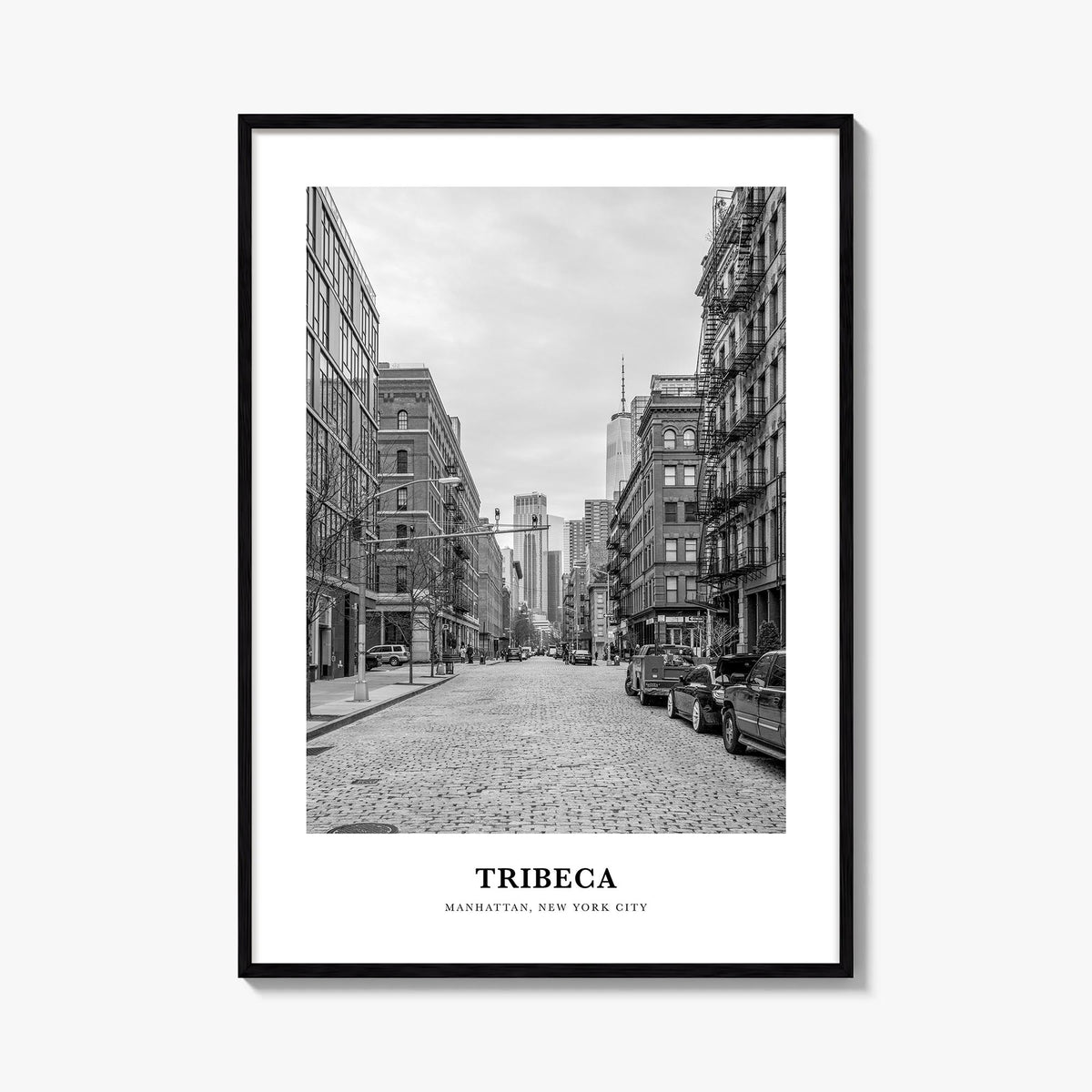 Tribeca black & white classic poster of Manhattan, New York City – vertical wall art, unframed print shown in interior mockup