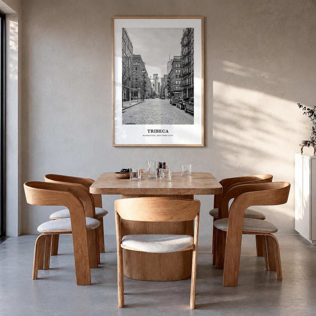 Tribeca black & white classic poster of Manhattan, New York City – vertical wall art in natural wood frame, hanging on wall
