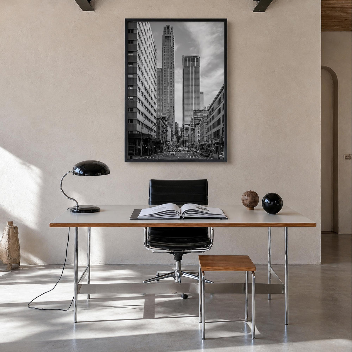 Tribeca black & white photo poster of Manhattan, New York City – vertical wall art in black wood frame, hanging on wall