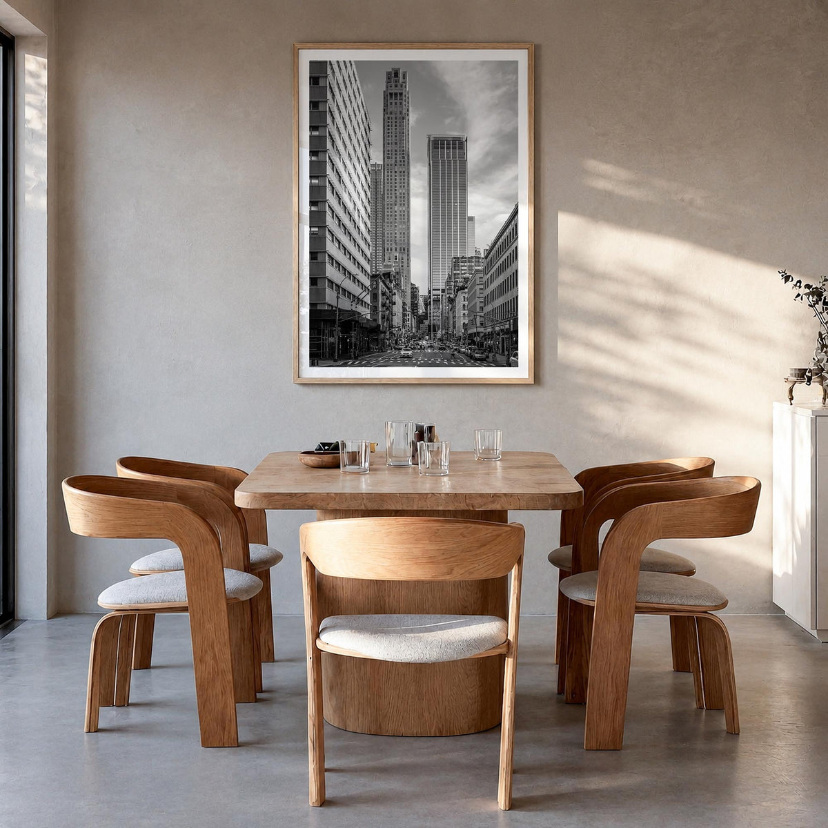 Tribeca black & white photo poster of Manhattan, New York City – vertical wall art in natural wood frame with white border, h