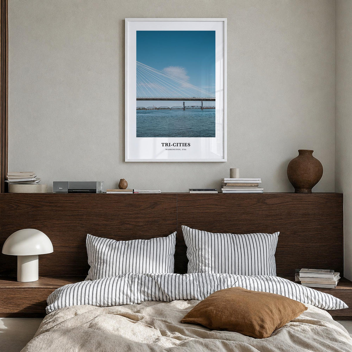 Tri-Cities colorful classic poster of Washington, USA – vertical wall art in white wood frame, hanging on wall