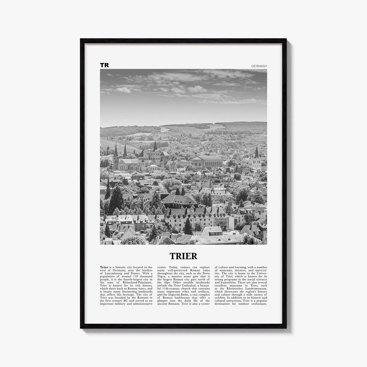 Trier black & white newspaper poster of Germany – vertical wall art, unframed print shown in interior mockup