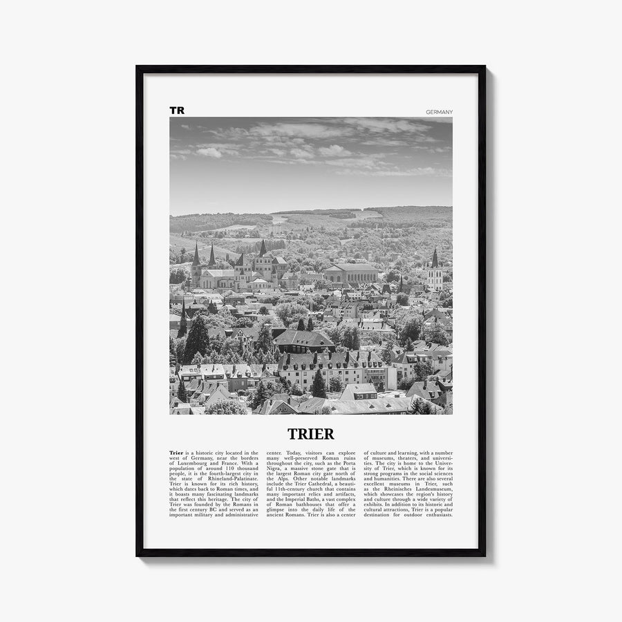 Trier black & white newspaper poster of Germany – vertical wall art, unframed print shown in interior mockup